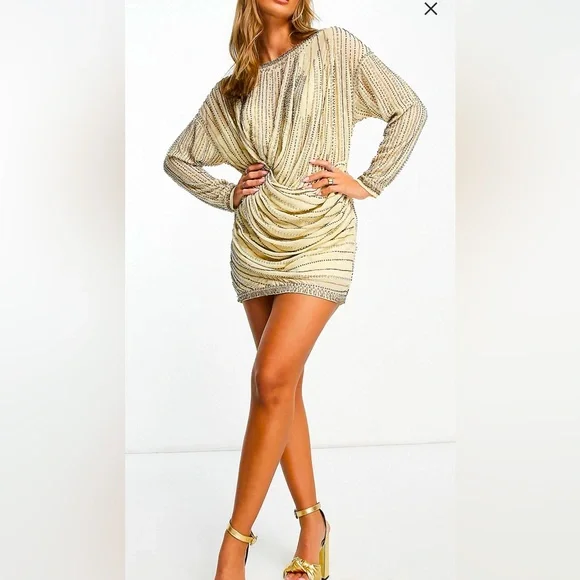 knee length dresses for ladies Embellished Sequin Striped Mini Dress in Gold